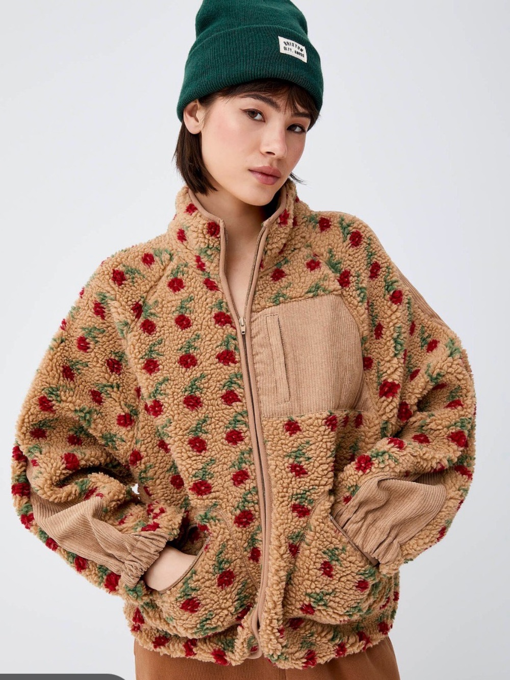 Women’s Floral Sherpa Jacket - Tan with Red & Green Accents